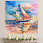 Watercolor Painting of Multicolored Sailboat on Ocean with Birds and Sunset Reflections in the Waves on Ready to Hang 1.5" Thick Canvas Wrap, Floating Framed Canvas, Flat Rolled Canvas